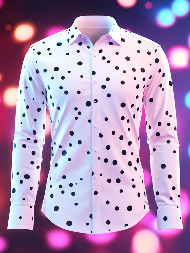 Men's Business Casual Black Polka Dot Print Lapel Long Sleeve Shirt