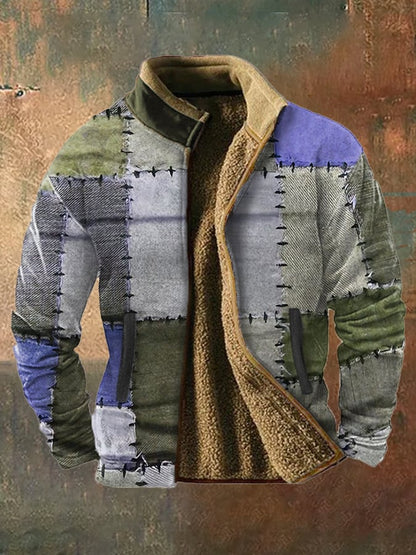 Men's vintage western hunting patchwork warm fleece jacket