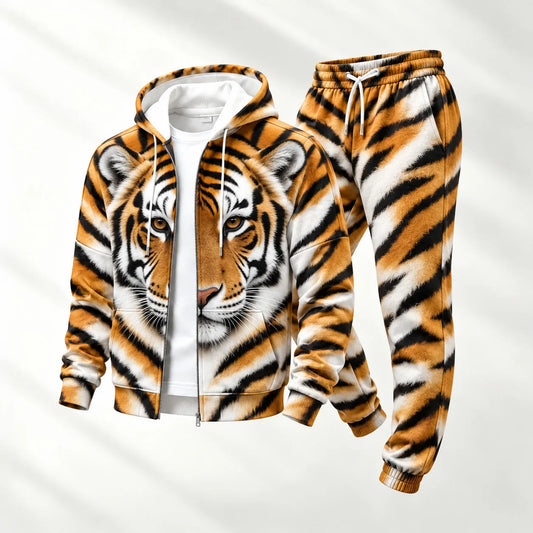 Men's Tiger-Print Hooded Cardigan and Sweatpants Set