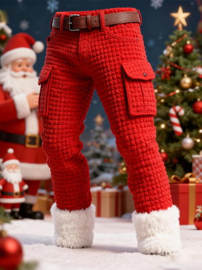 Men's Knitted Waffle Patchwork Plush Christmas Cargo Pants