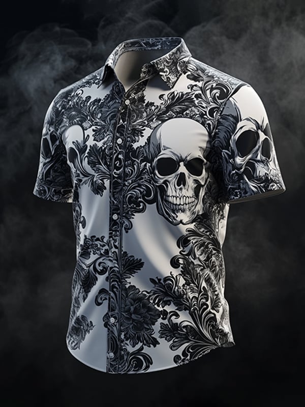 Men's Dark Gothic Skull Pattern Short Sleeve Shirt