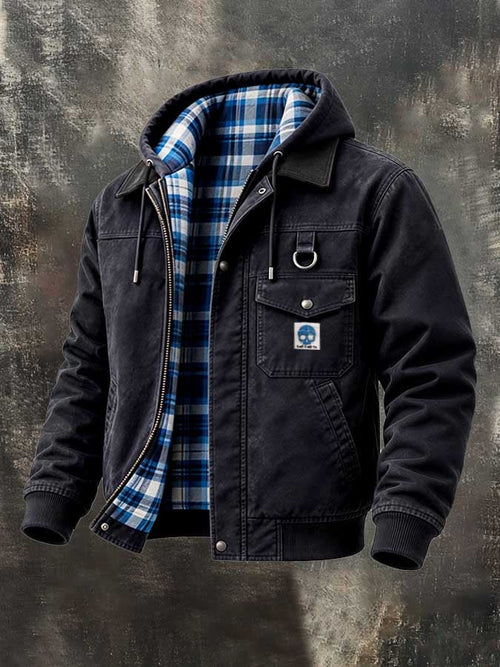 Men'S Retro Color-Block Plaid Hooded Utility Jacket With Zipper
