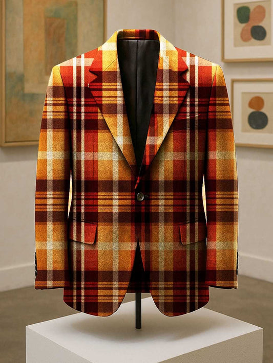 Men's Business Casual Large Pocket Notch Lapel Plaid Blazers