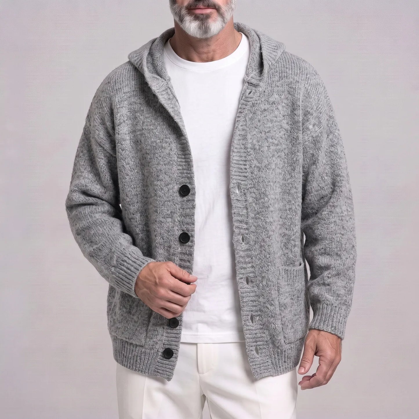 Men's Casual Solid Color Single Breasted Pockets Drop Shoulder Loose Knit Hooded Cardigan