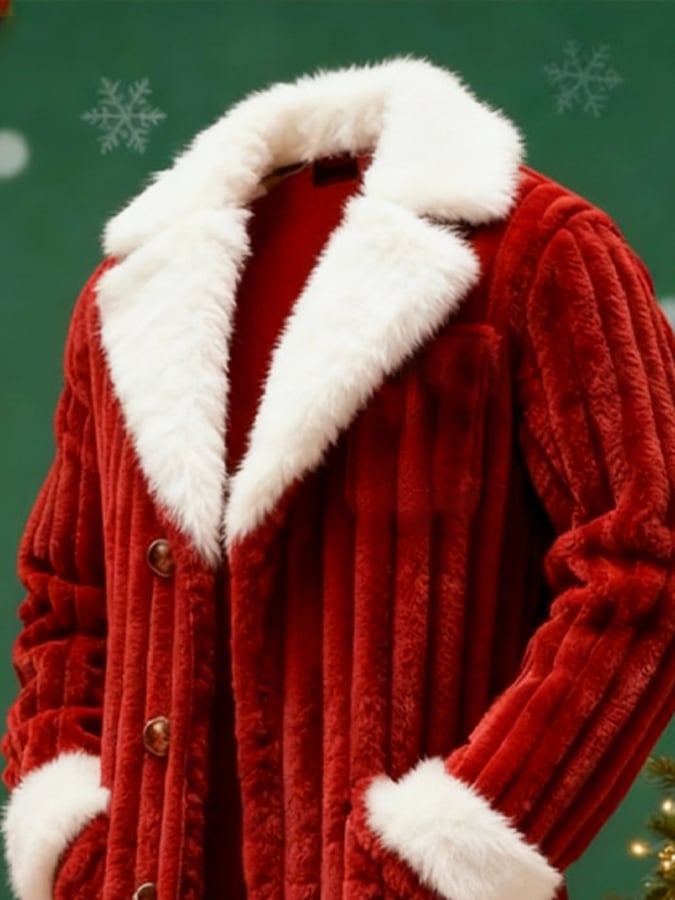 Men's Casual 3D Textured Plush Fabric Warm Christmas Long Coat