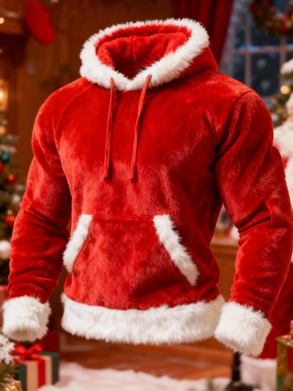 Men's Warm Plush Stitching Contrast Color Christmas Hooded Sweatshirt