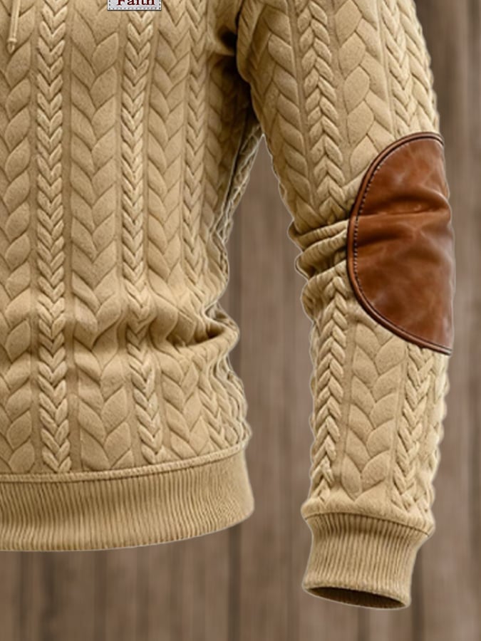 Men's Vintage Knitted Jacquard and Leather Patchwork Hooded Sweatshirt