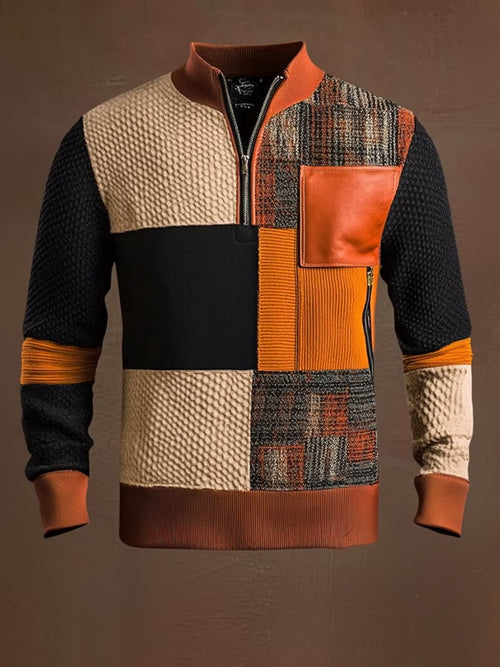 Men'S Casual Retro Contrast Color Half Zip Stand Collar Long Sleeve Sweatshirt