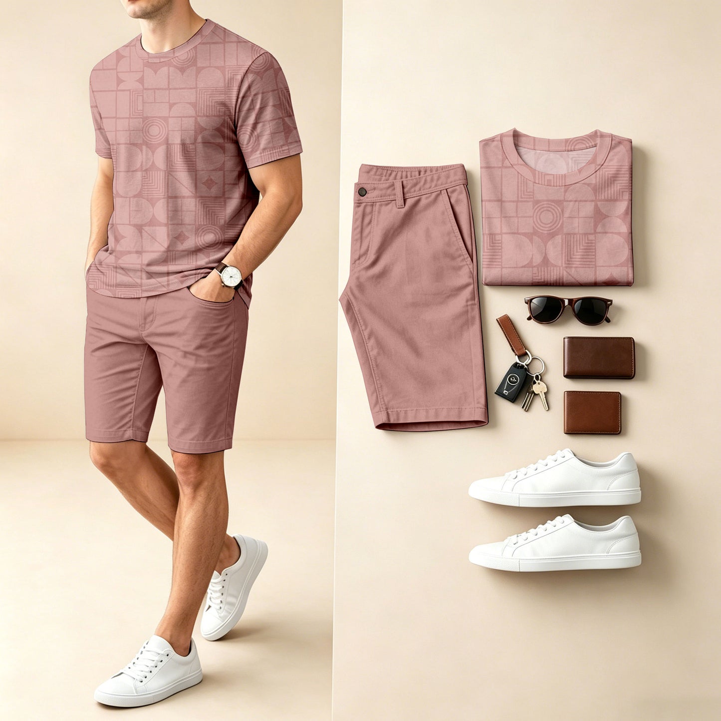 Men's Casual Asymmetrical Geometric Print Round-Neck Short-Sleeve T-Shirt And Shorts Two-Piece Set
