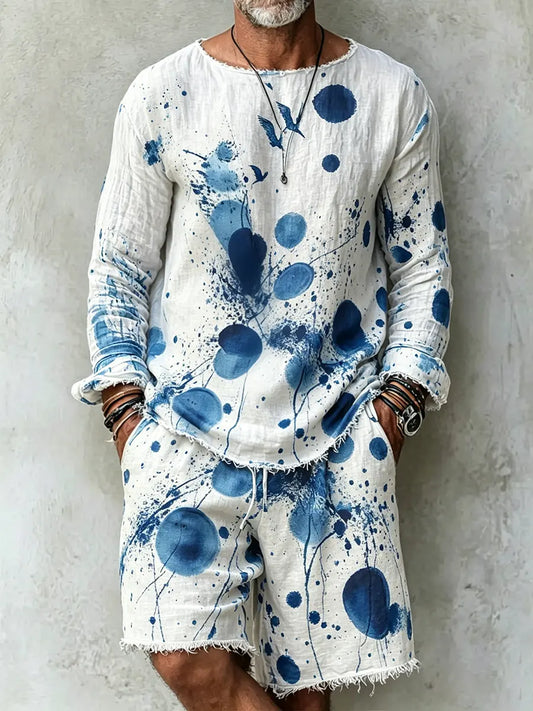 Men's Retro Abstract Print Casual Linen Long-sleeved Top And Shorts Two-piece Se