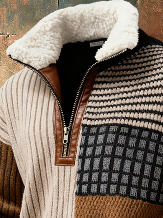 Men's Retro Color Block Print Casual Fur Collar Long Sleeve Sweatshirt