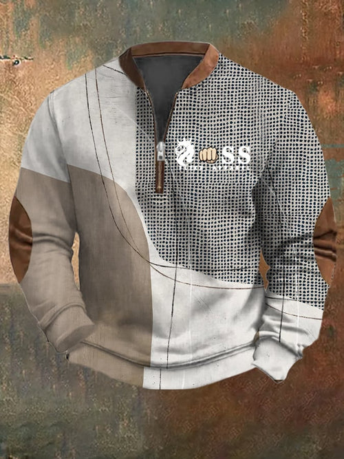 Men's Retro Letter Design Printed Casual Zipper Collar Long-Sleeved Sweatshirt