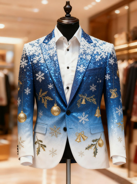 Men's Business Casual Large Pocket Notch Lapel Print Christmas Blazers