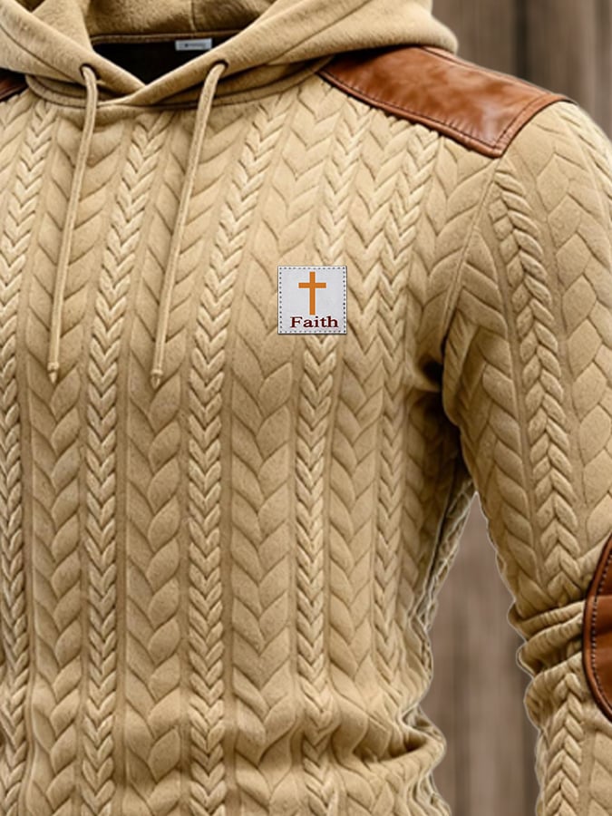 Men's Vintage Knitted Jacquard and Leather Patchwork Hooded Sweatshirt
