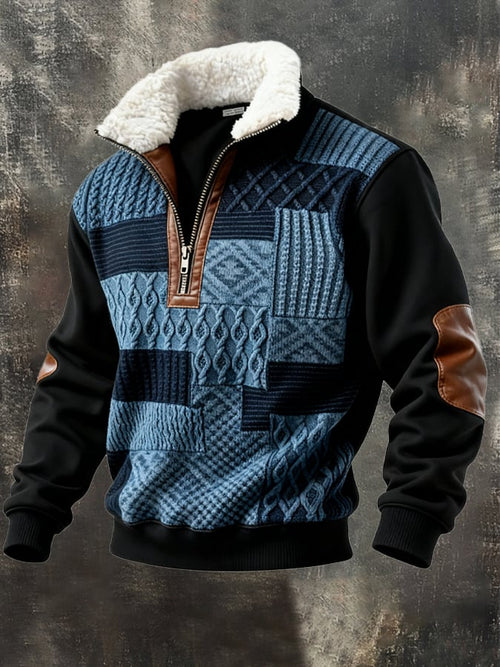 Men's Retro Color Block Print Casual Fur Collar Long Sleeve Sweatshirt