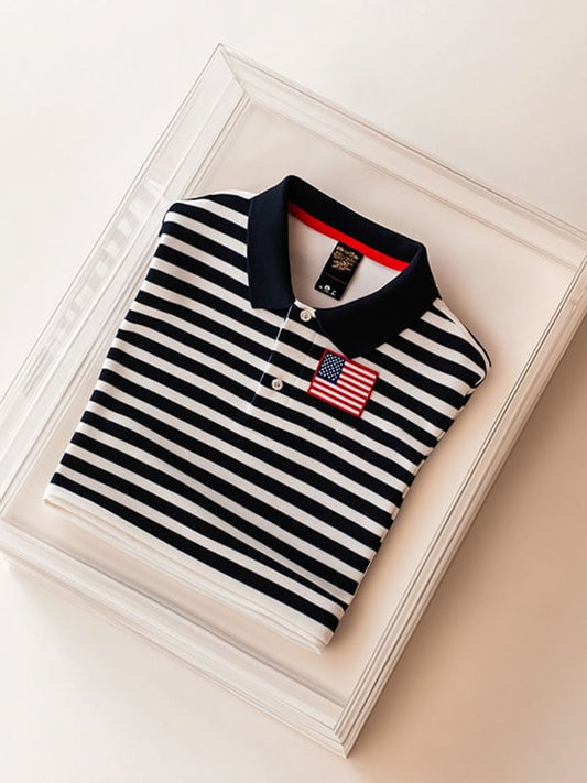 Men's Business American Flag Striped Short Sleeve Polo Shirt