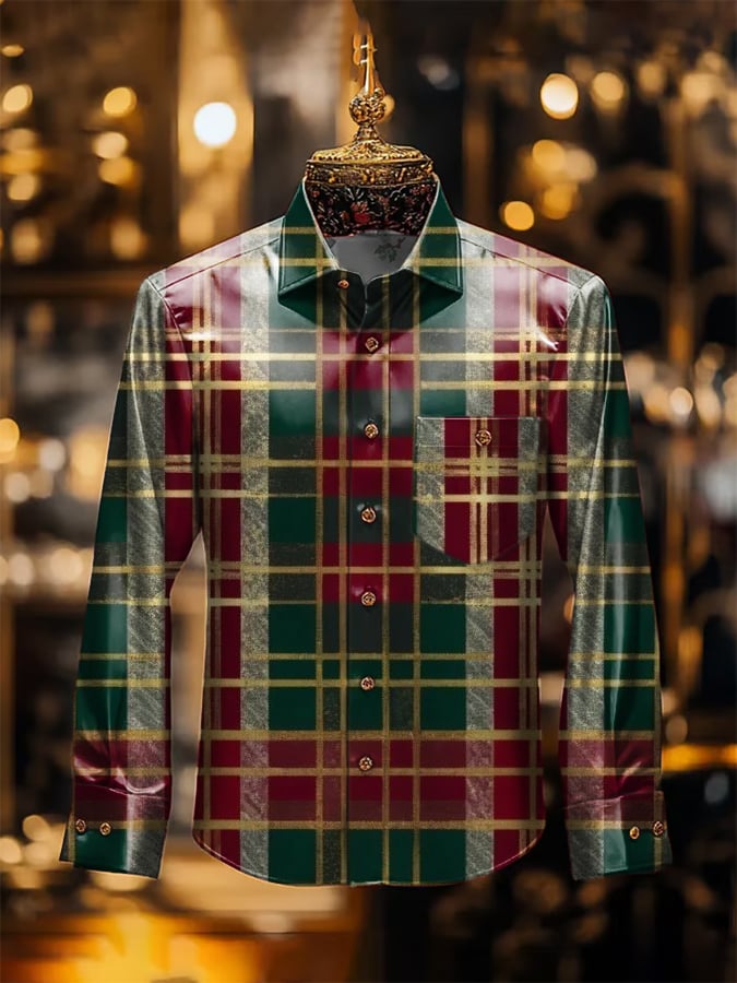 Men's Luxury Christmas Contrast Print Long Sleeve Pocket Shirt