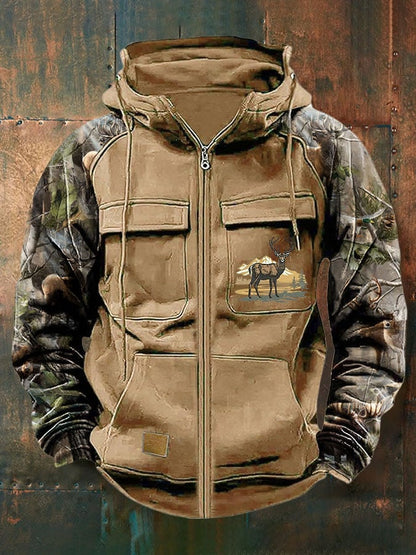 Men's Vintage Western Deer Print Multi-Pocket Jacket
