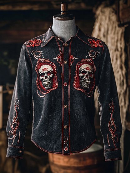 Men's Retro Casual Skull Print Long Sleeve Shirt