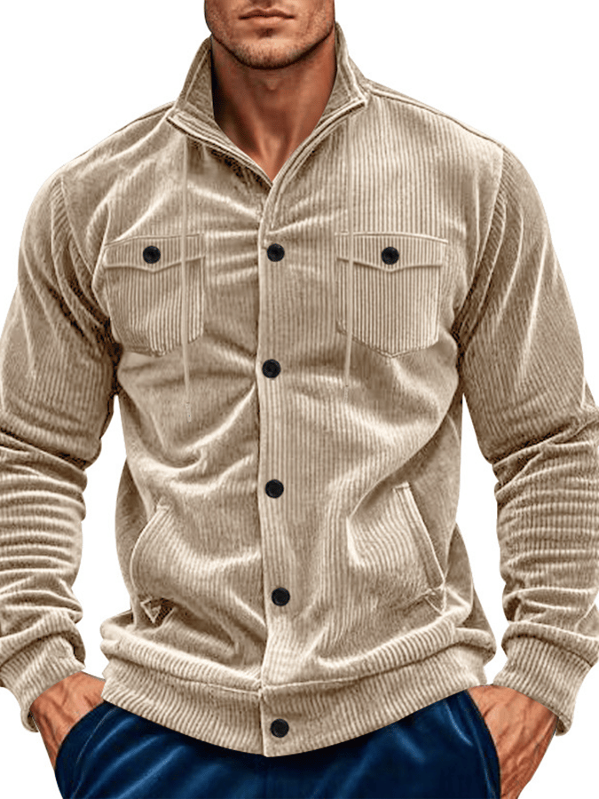 Men's Jacquard Stand Collar Solid Color Retro Multi-Pocket Jacket