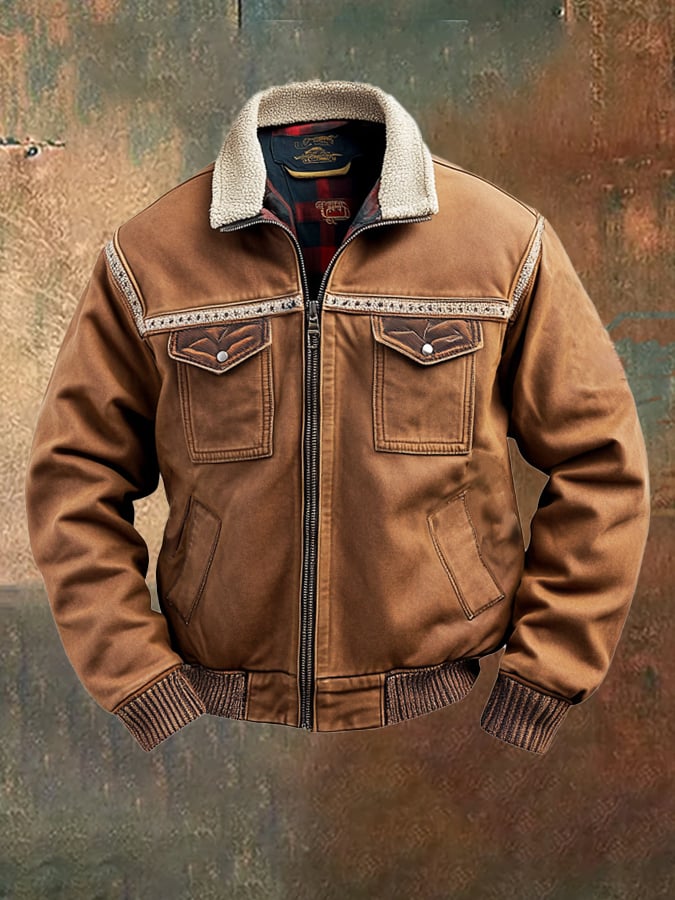 Men's Retro Classic Distressed Casual Fur Collar Pocket Jacket