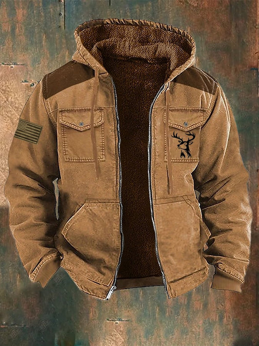 Men's Vintage Fleece Western Flag Elk Print Zip-Up Jacket