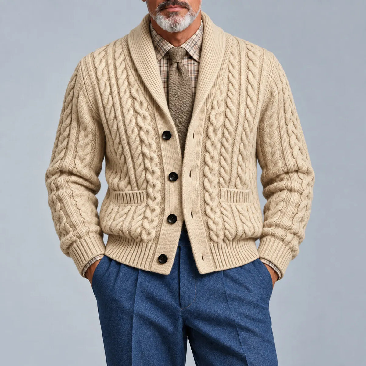 Men's Brown Shawl Lapel Single Breasted Pockets Cable Knit Cardigan