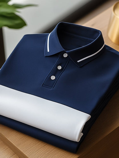 Men's Business Casual Blue and White Block Button Short Sleeve Polo Sh