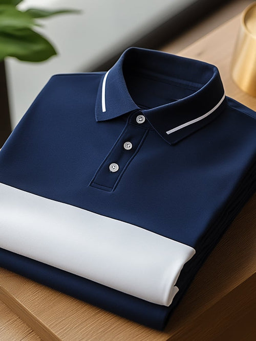Men's Business Casual Blue and White Block Button Short Sleeve Polo Sh