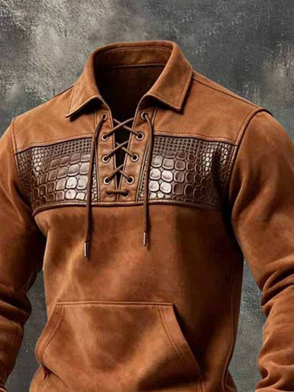 Men'S Retro Suede And Crocodile-Embossed Leather Lace-Up Collar Sweatshirt