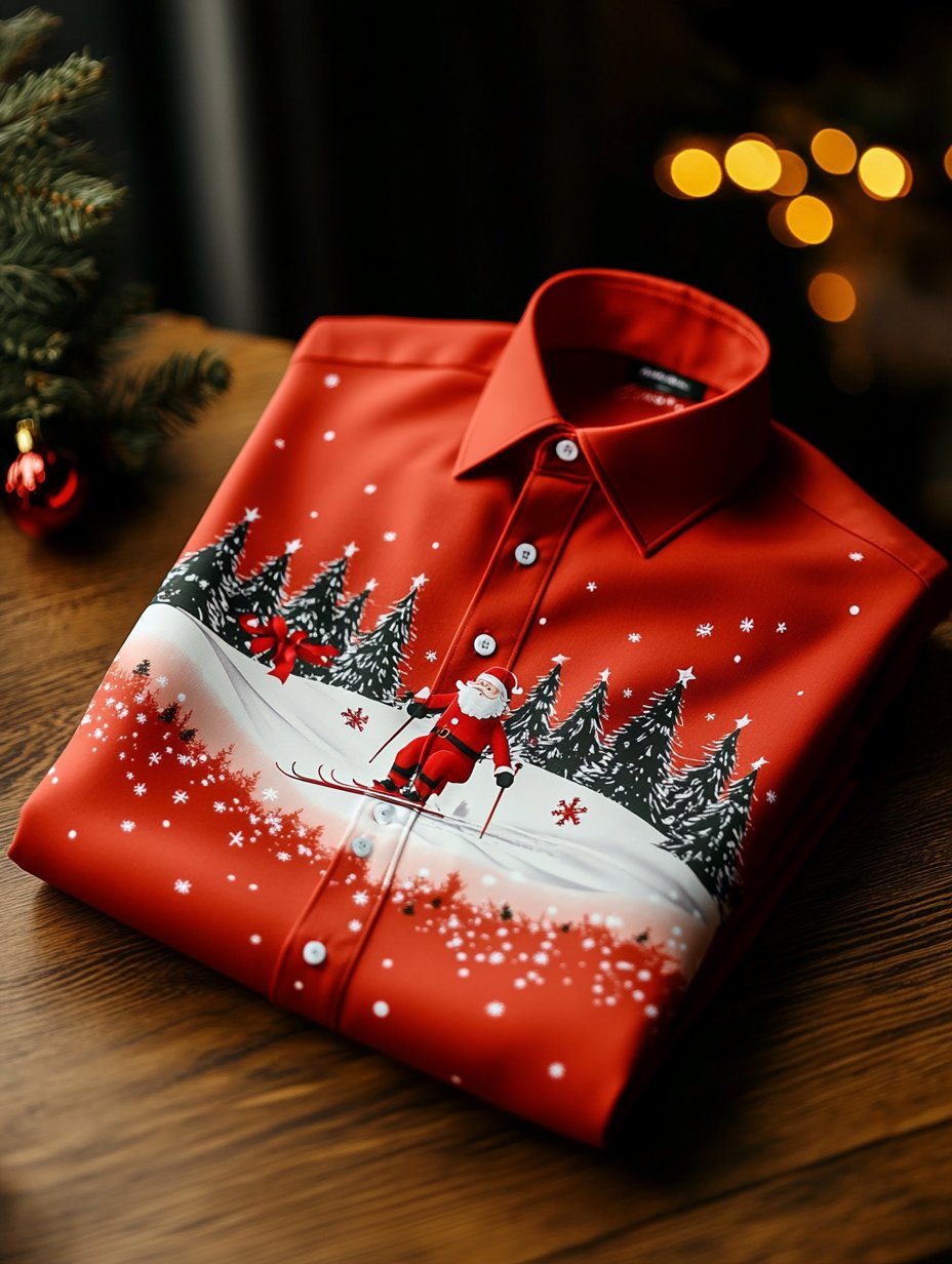 Men's Christmas Skiing Blessing Santa Claus Print Long-Sleeved Shirt