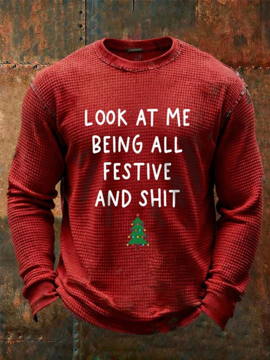 Men's Christmas Printed Design Waffle Fabric Long Sleeve T-Shirt