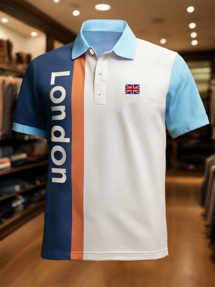 Men's Business Casual Union Jack Button Short Sleeve Polo Shirt