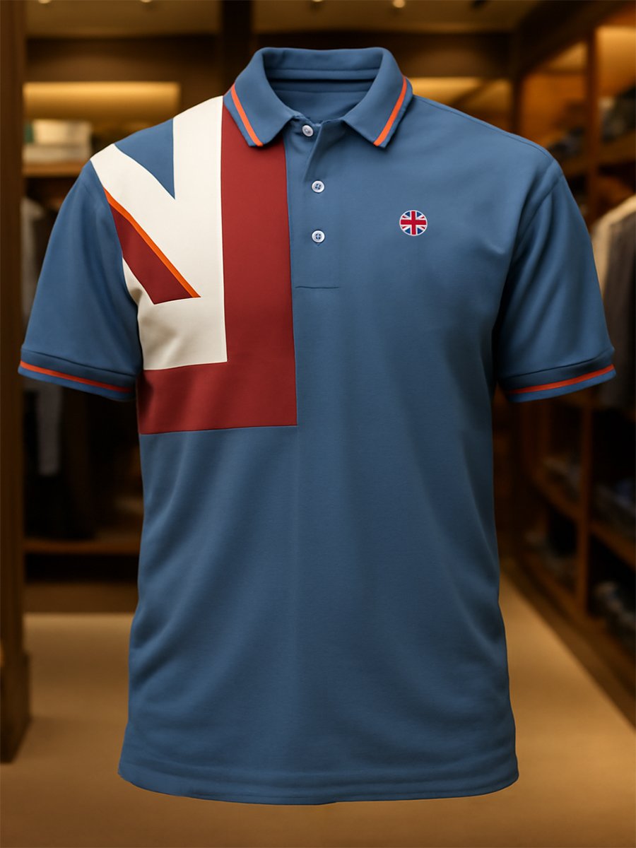 Men's Business Casual Union Jack Button Short Sleeve Polo Shirt