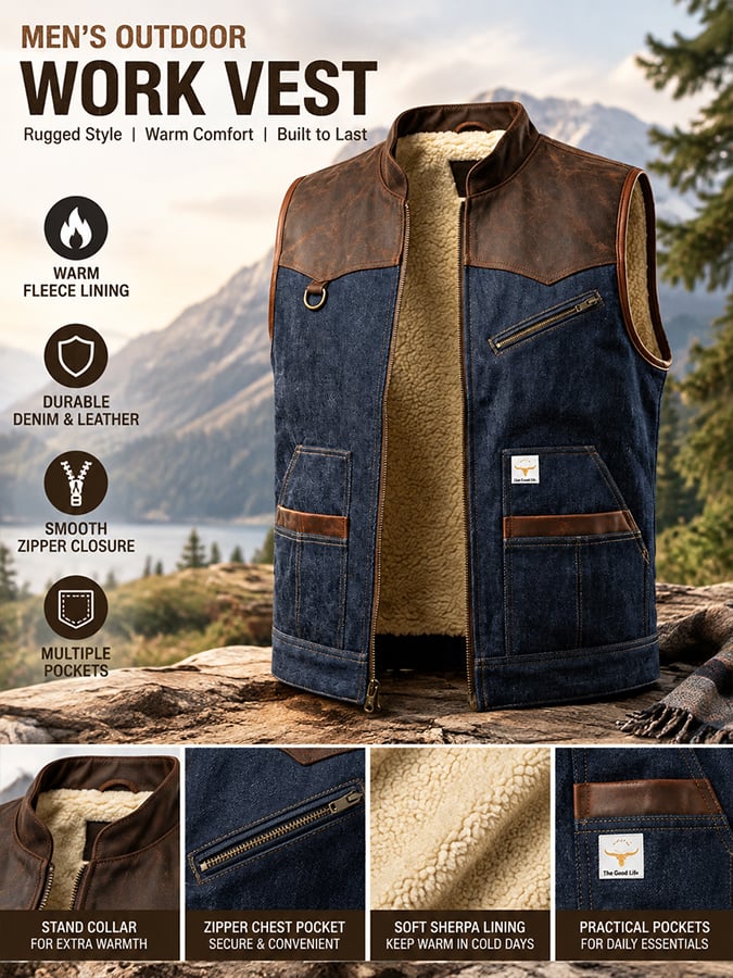 Men's vintage distressed denim-panelled vest with multiple pockets