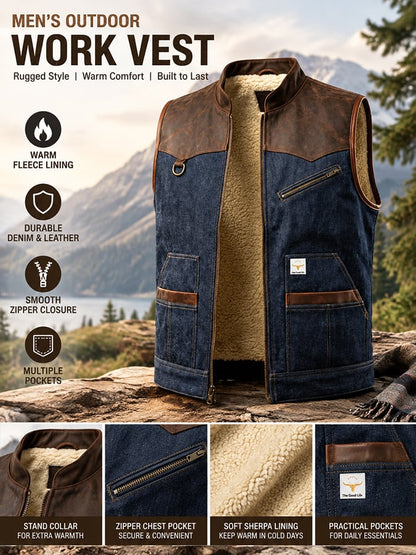 Men's vintage distressed denim-panelled vest with multiple pockets