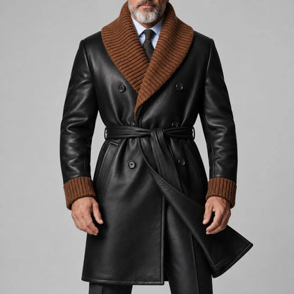 Men's Black Contrast Knit Shawl Lapel Double-Breasted Belted PU Leather Trench Coat