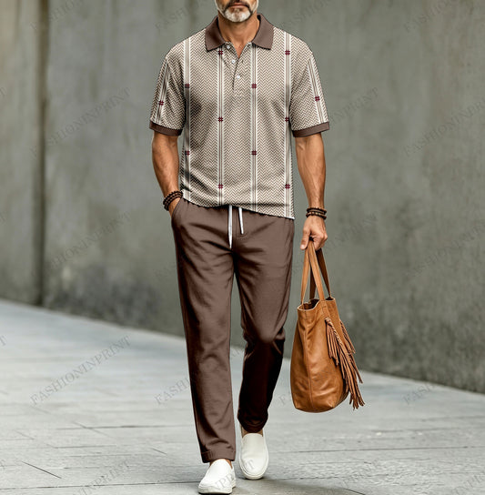 Men's Casual Herringbone-Patterned Short-Sleeve Polo Shirt and Pants Two-Piece Set