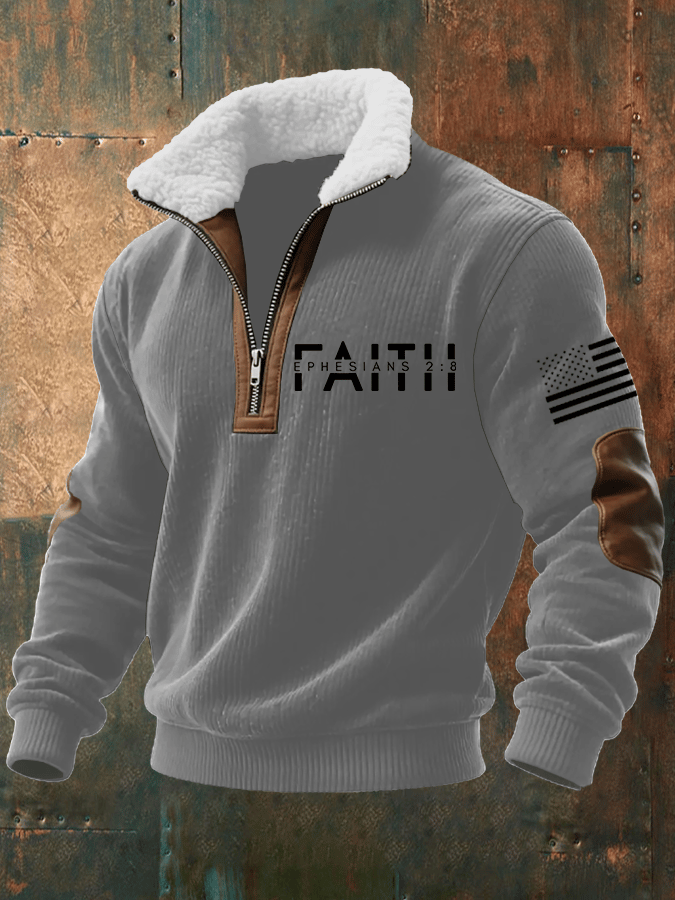 Men's Faith Print Knitted Fabric Zipper Fur Collar Long-Sleeved Sweatshirt