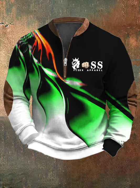 Men's Retro Letter Design Printed Casual Zipper Collar Long-Sleeved Sweatshirt