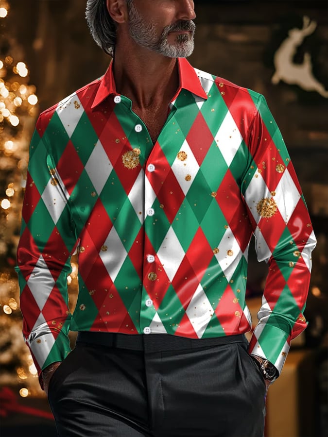 Men's Luxury Christmas Contrast Color Print Long Sleeve Shirt