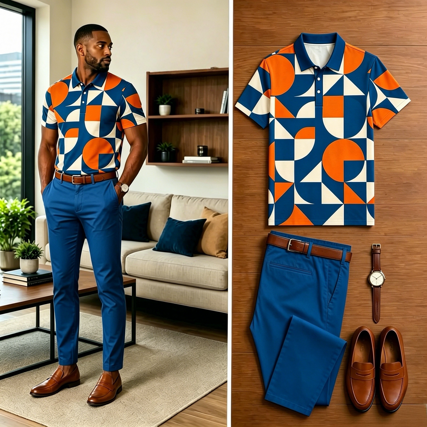 Men's Casual Colorful Color Block Printed Polo Shirt And Pants Two-Piece Set