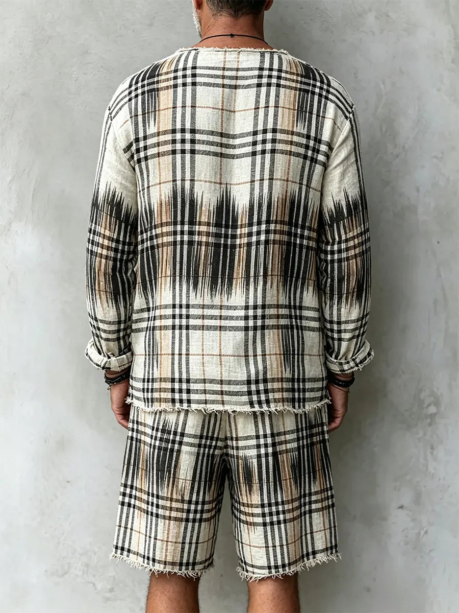 Men's Retro Abstract Print Casual Linen Long-sleeved Top And Shorts Two-piece Se
