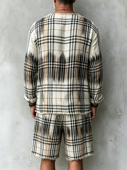 Men's Retro Abstract Print Casual Linen Long-sleeved Top And Shorts Two-piece Se