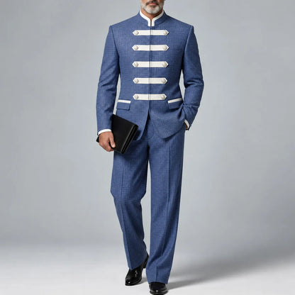 Men's Blue Classic Plaid Print Mandarin Collar Blazer & Pants Formal 2Pcs Suit