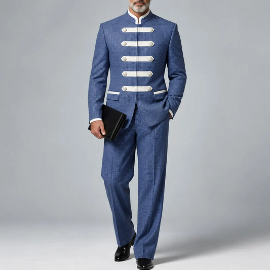 Men's Blue Classic Plaid Print Mandarin Collar Blazer & Pants Formal 2Pcs Suit