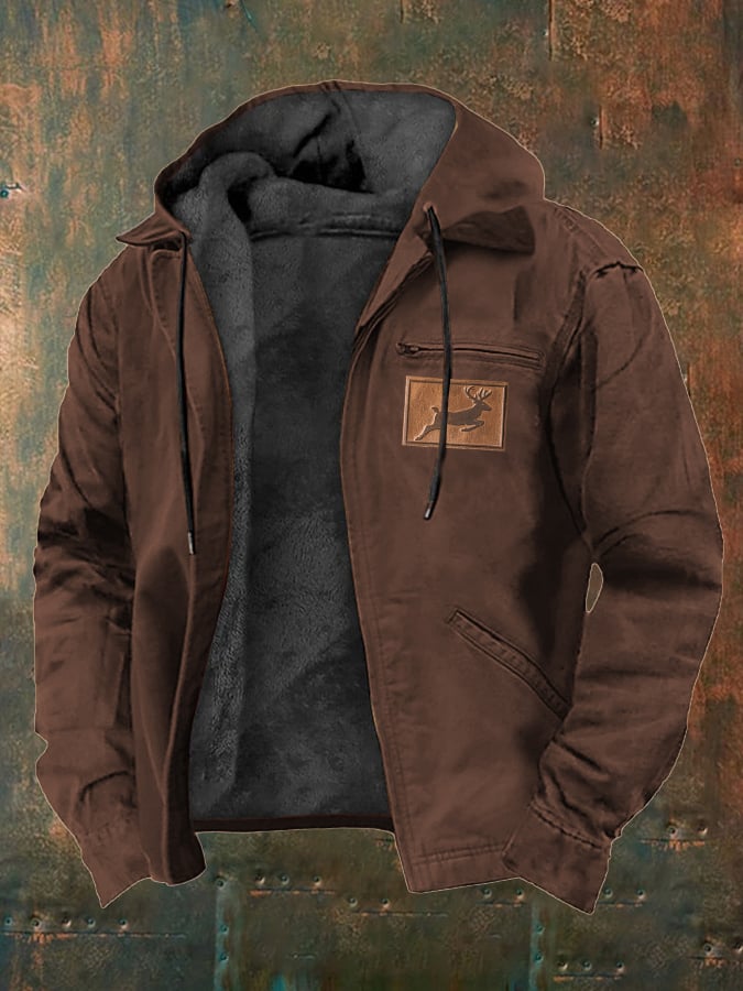 Men's Vintage Plush Western Elk Print Zipper Jacket