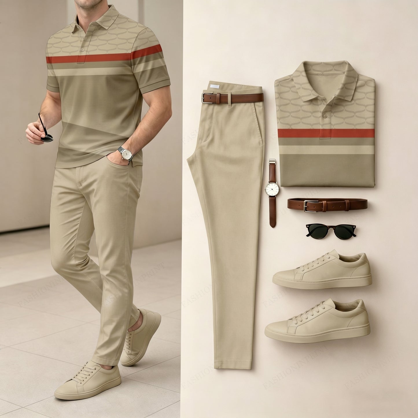 Men's Khaki Green Color Matching Striped Printed Short Sleeved Polo Shirt & Pants Two-Piece Set