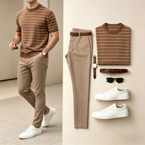 Men's Color-Blocked Striped Knit Crew-Neck Short-Sleeve T-Shirt and Pants Two-Piece Set (Accessories Not Included)