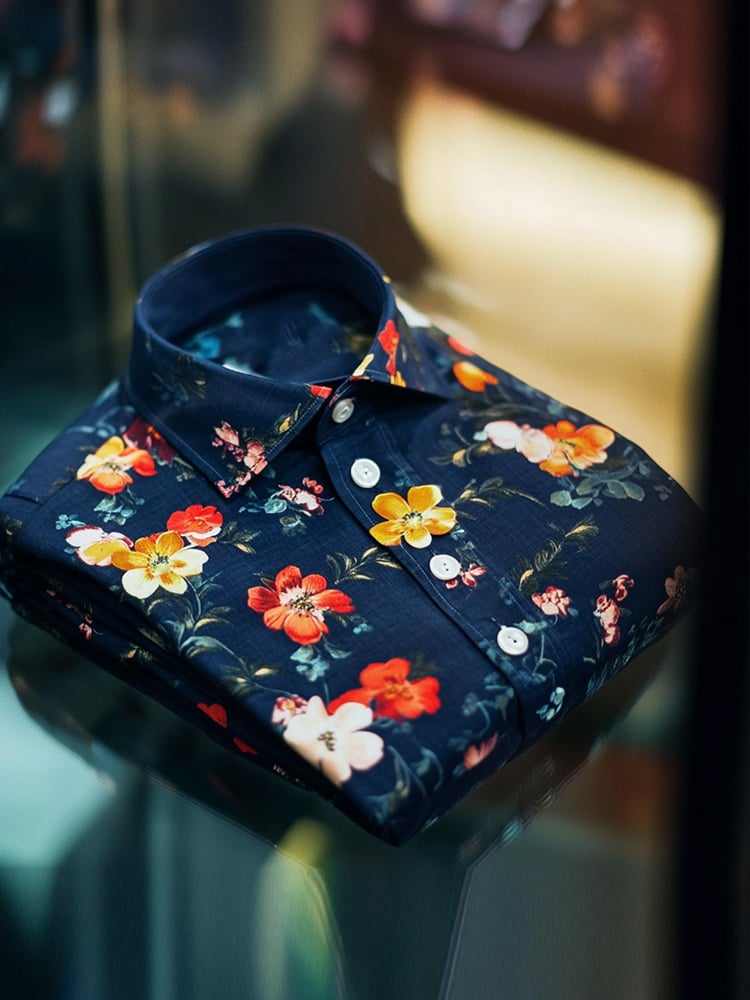 Men's Business Casual Floral Lapel Short Sleeve Shirt
